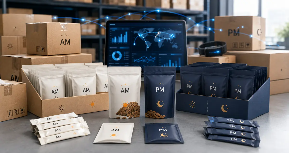 KIYE AM and PM senior pet nutrition products prepared for wholesale distribution and replenishment