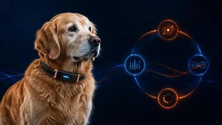 Senior golden retriever wearing a KIYE smart collar within a closed-loop pet health monitoring system.