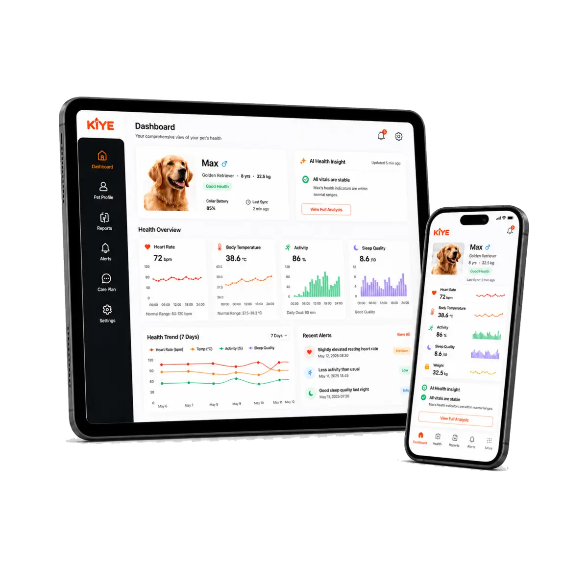 KIYE pet wellness dashboard displayed on a tablet and smartphone