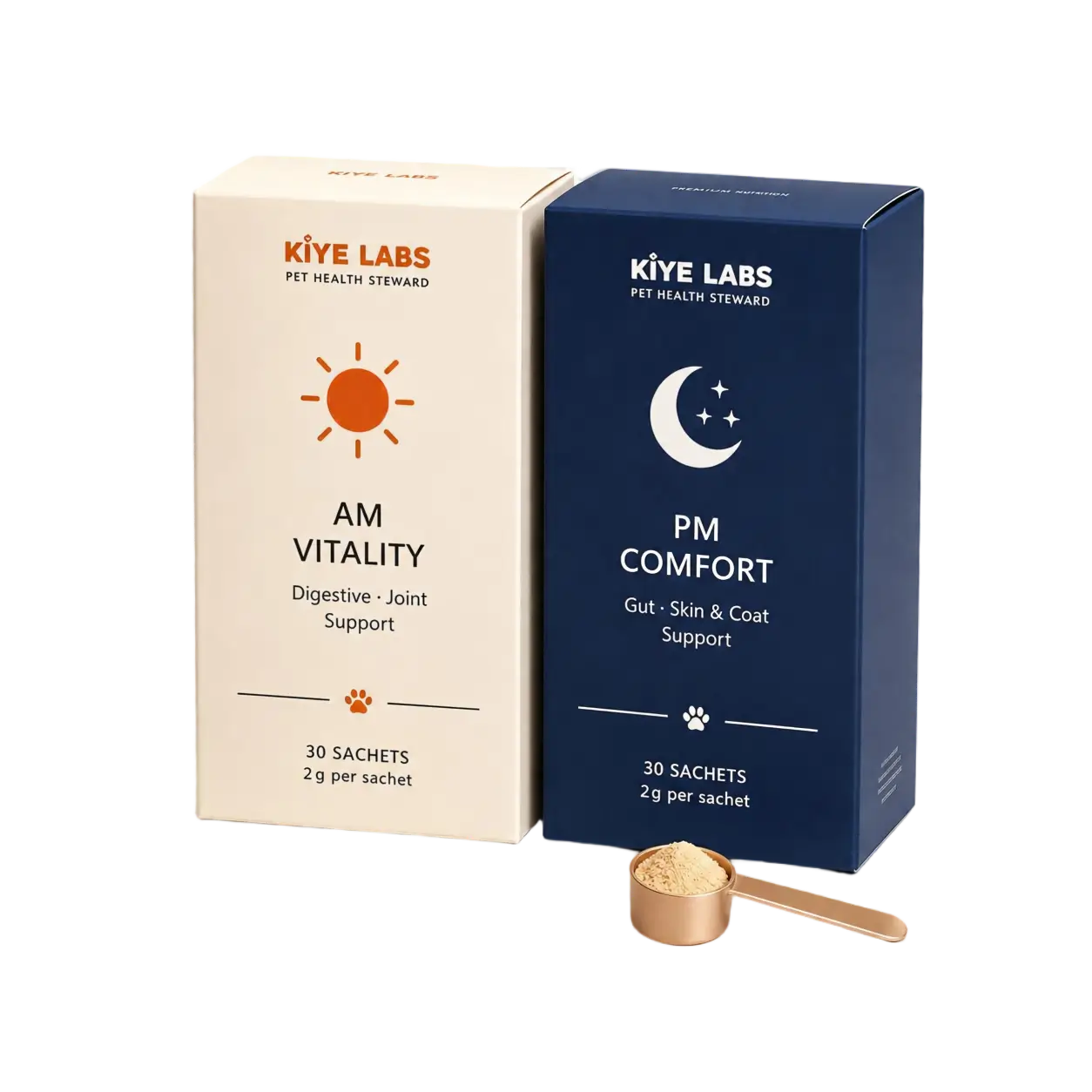 KIYE LABS AM Vitality and PM Comfort senior pet nutrition boxes