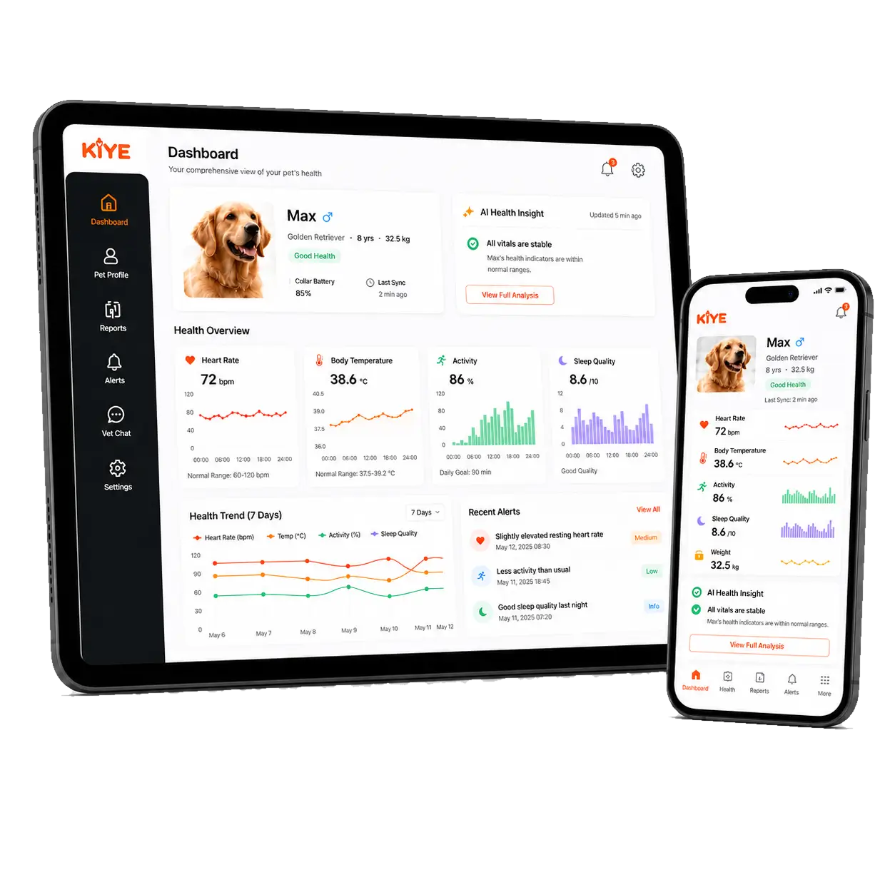KIYE health app showing AI-assisted wellness insights for senior pets