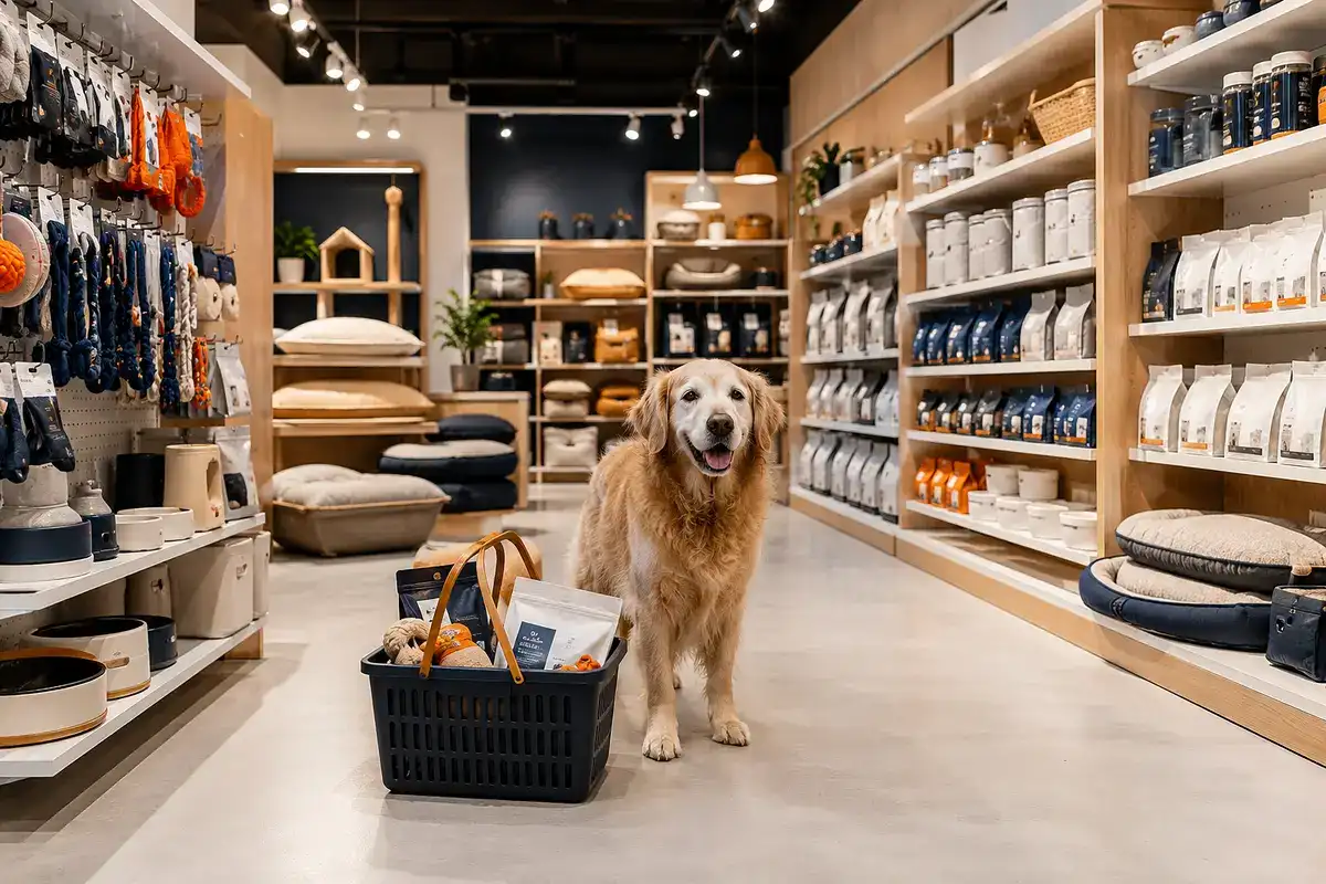 Senior pet health products displayed in a modern retail pet store