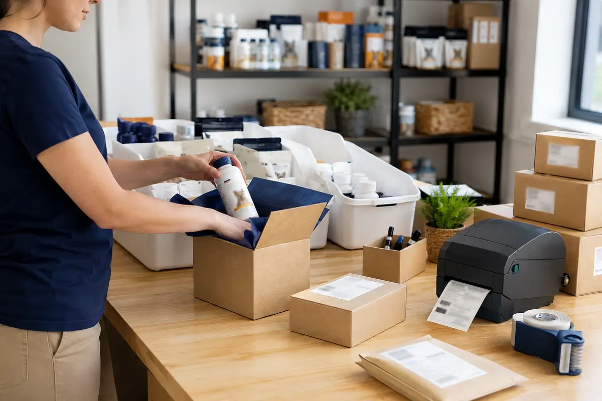 Individual pet health orders being packed for dropshipping fulfillment