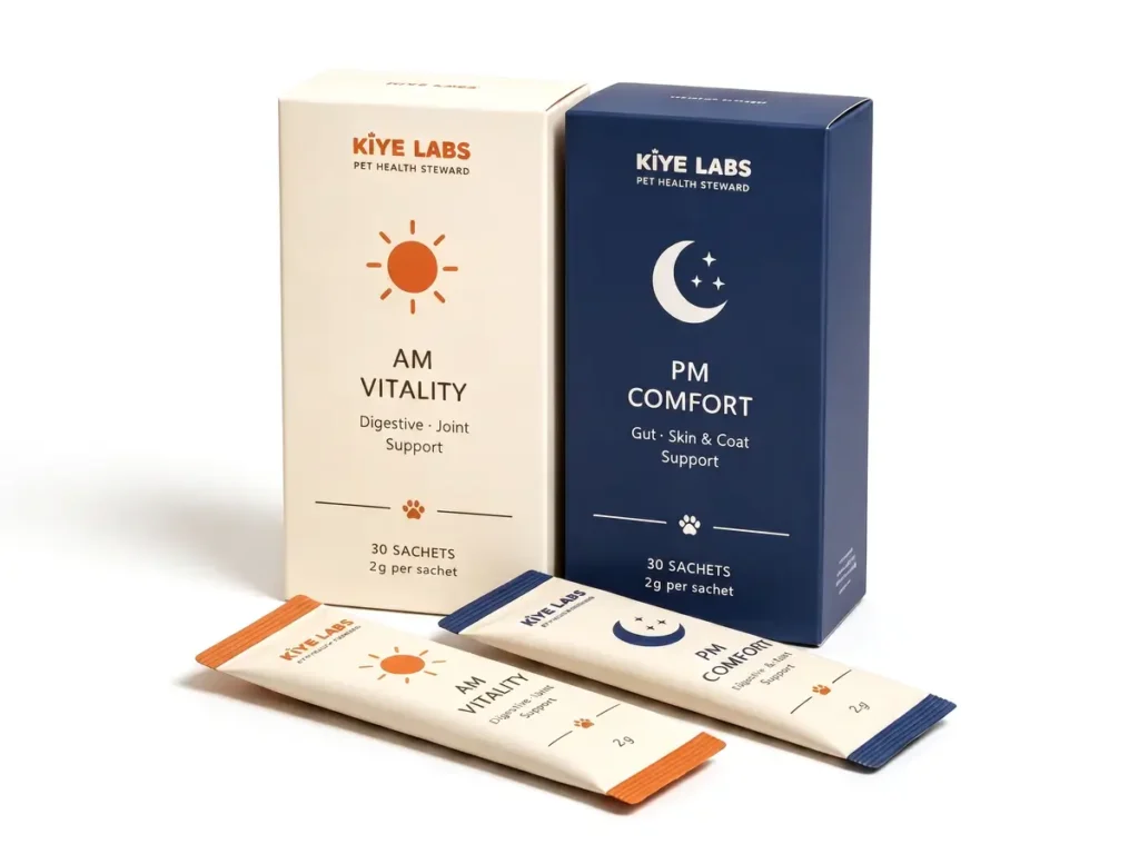 KIYE AM Vitality and PM Comfort senior dog nutrition products