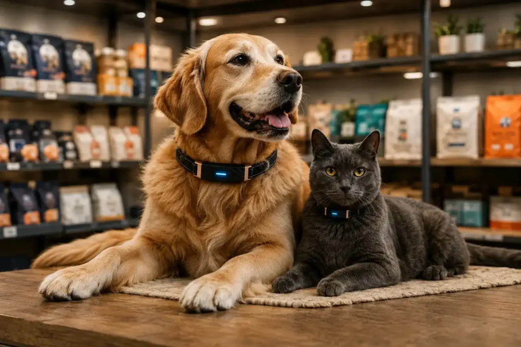 Senior golden retriever and mature cat wearing KIYE smart health collars in a premium pet retail setting