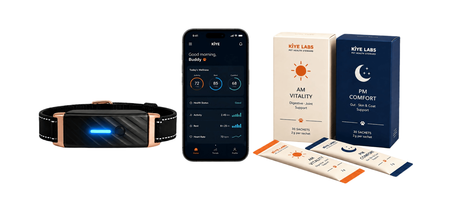 KIYE smart collar wellness app and AM PM nutrition system