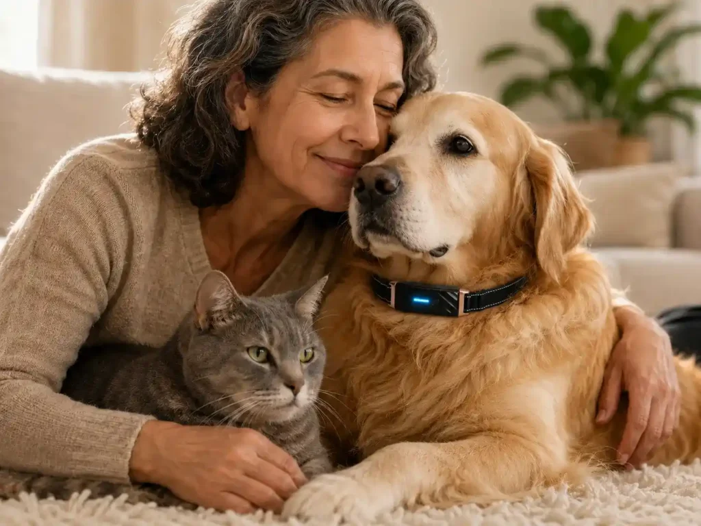 Pet owner embracing a senior golden retriever wearing a KIYE smart collar and a gray cat at home