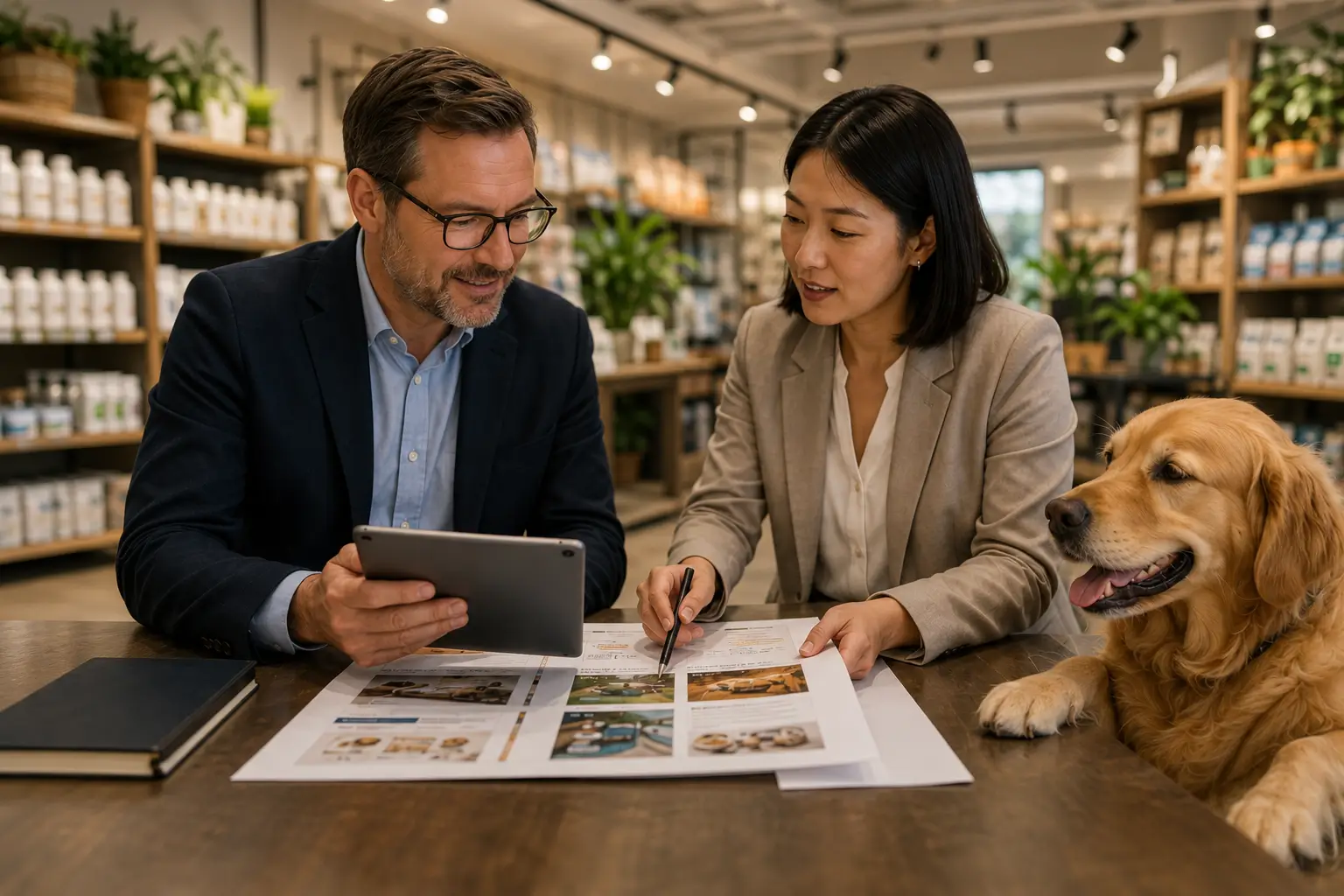 KIYE team and international pet industry partner reviewing channel launch plans