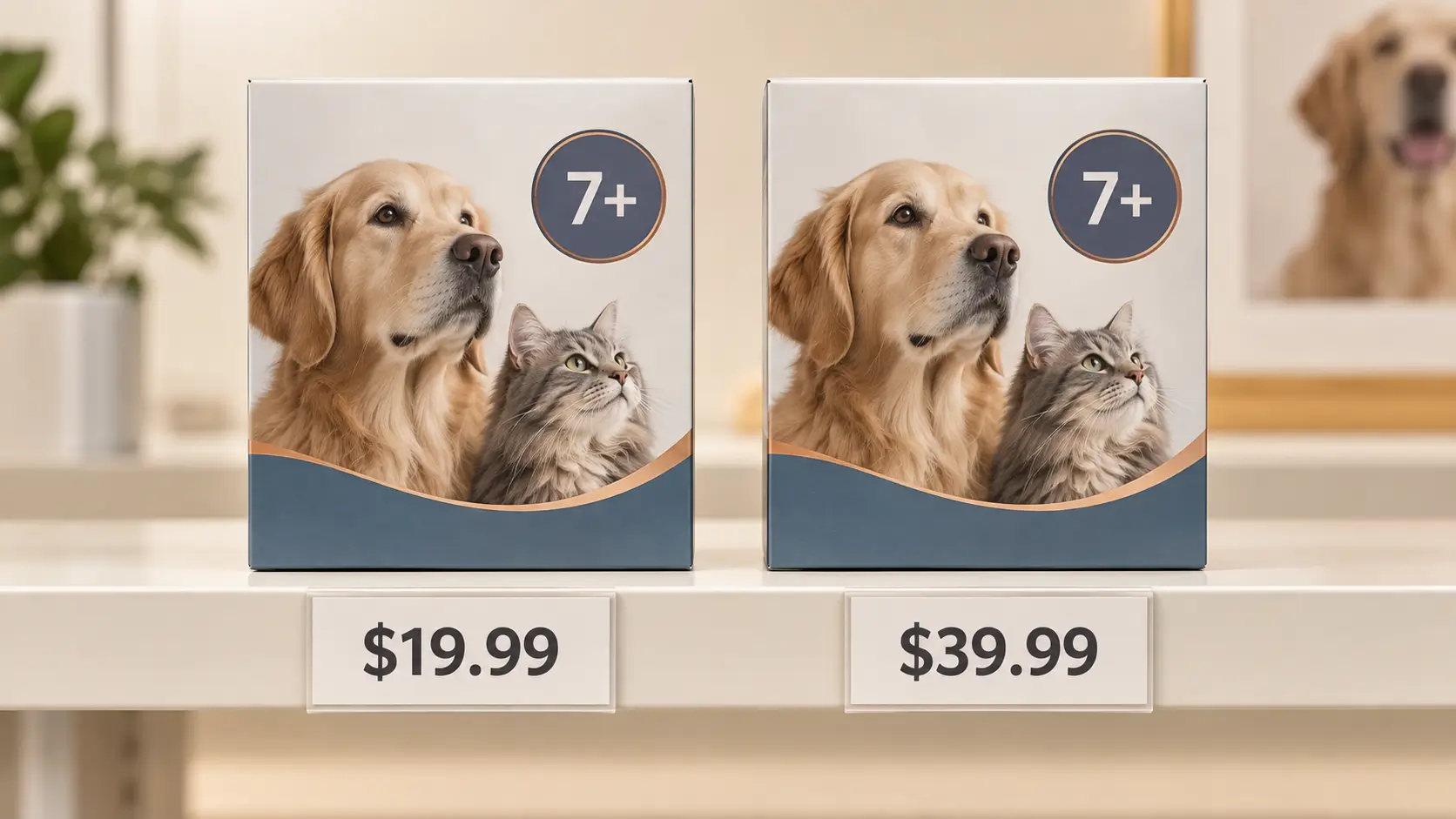 Two similar 7+ pet supplement boxes displayed at different price points