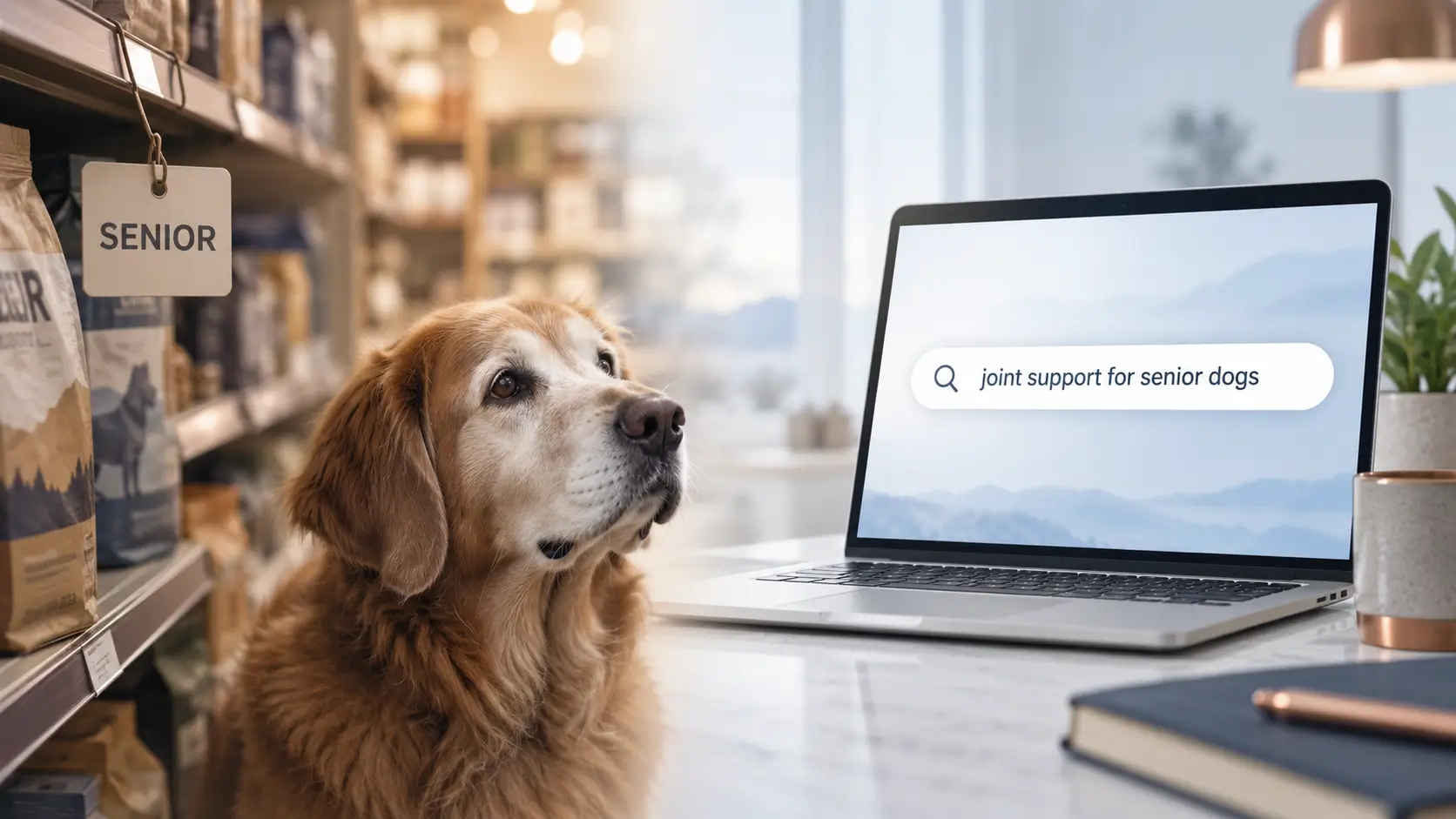 A senior pet shelf fading into an online search for joint support for senior dogs