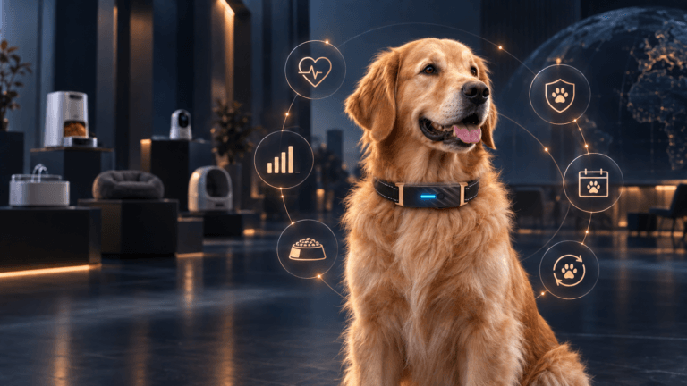 Golden retriever representing a focused connected pet health ecosystem for distributors