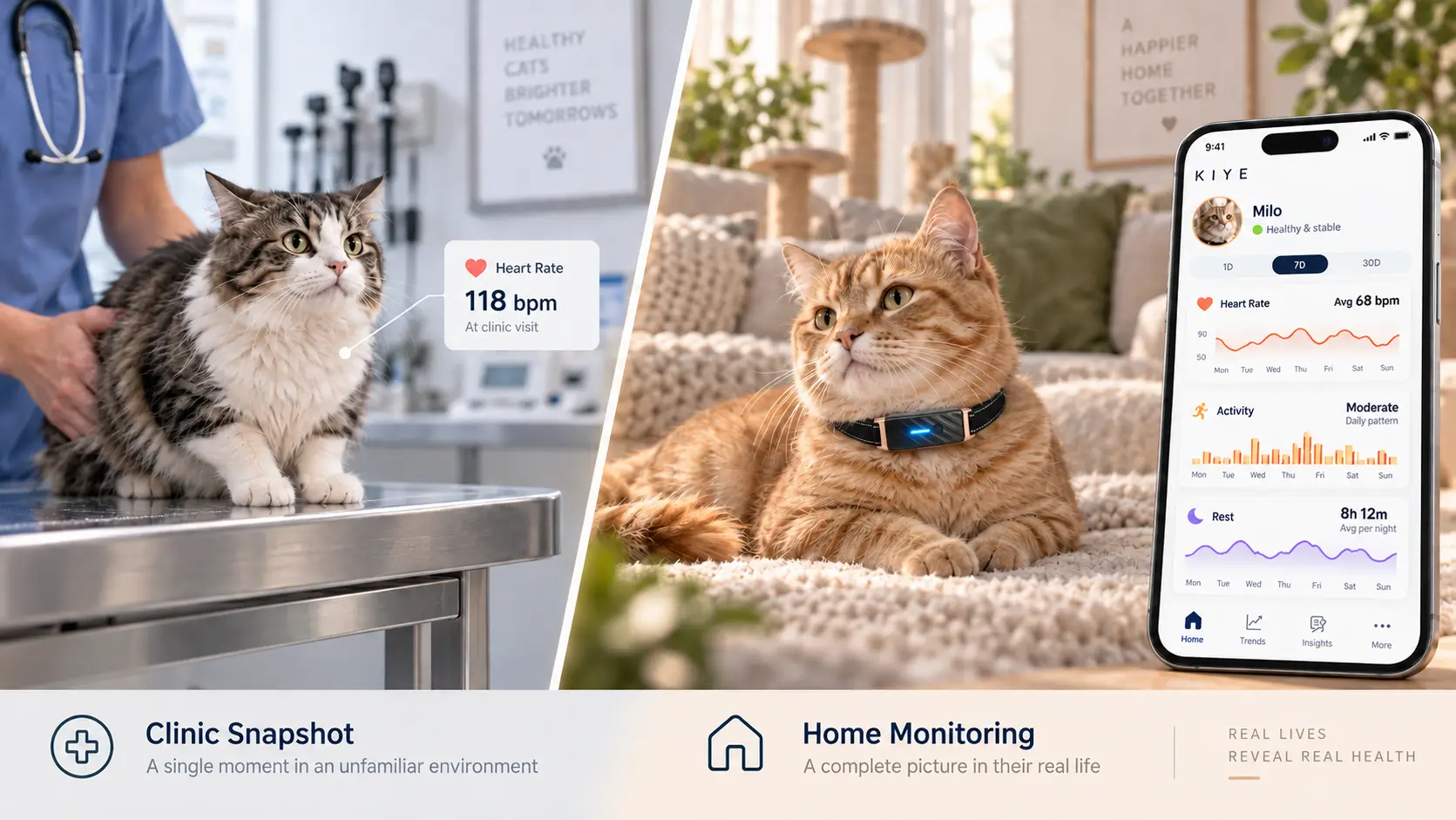 Comparison between clinic measurement and home monitoring with a KIYE smart collar, showing the difference between one-time readings and continuous daily data.