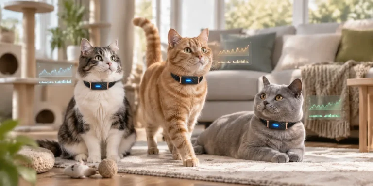 Three cats wearing KIYE smart health collars in a warm home setting, showing how multi-cat households can monitor each pet individually.