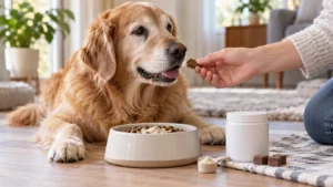 Senior golden retriever accepting a daily supplement routine with dog food bowl and pet supplement jar at home