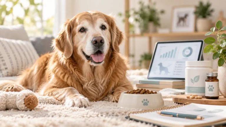 Senior dog at home with pet nutrition products and health data, illustrating how buyers evaluate senior pet supplement performance.