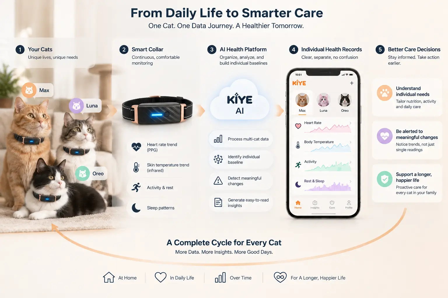 KIYE AI health data loop showing smart collar monitoring, individual pet records, insights, and better care decisions for cats.