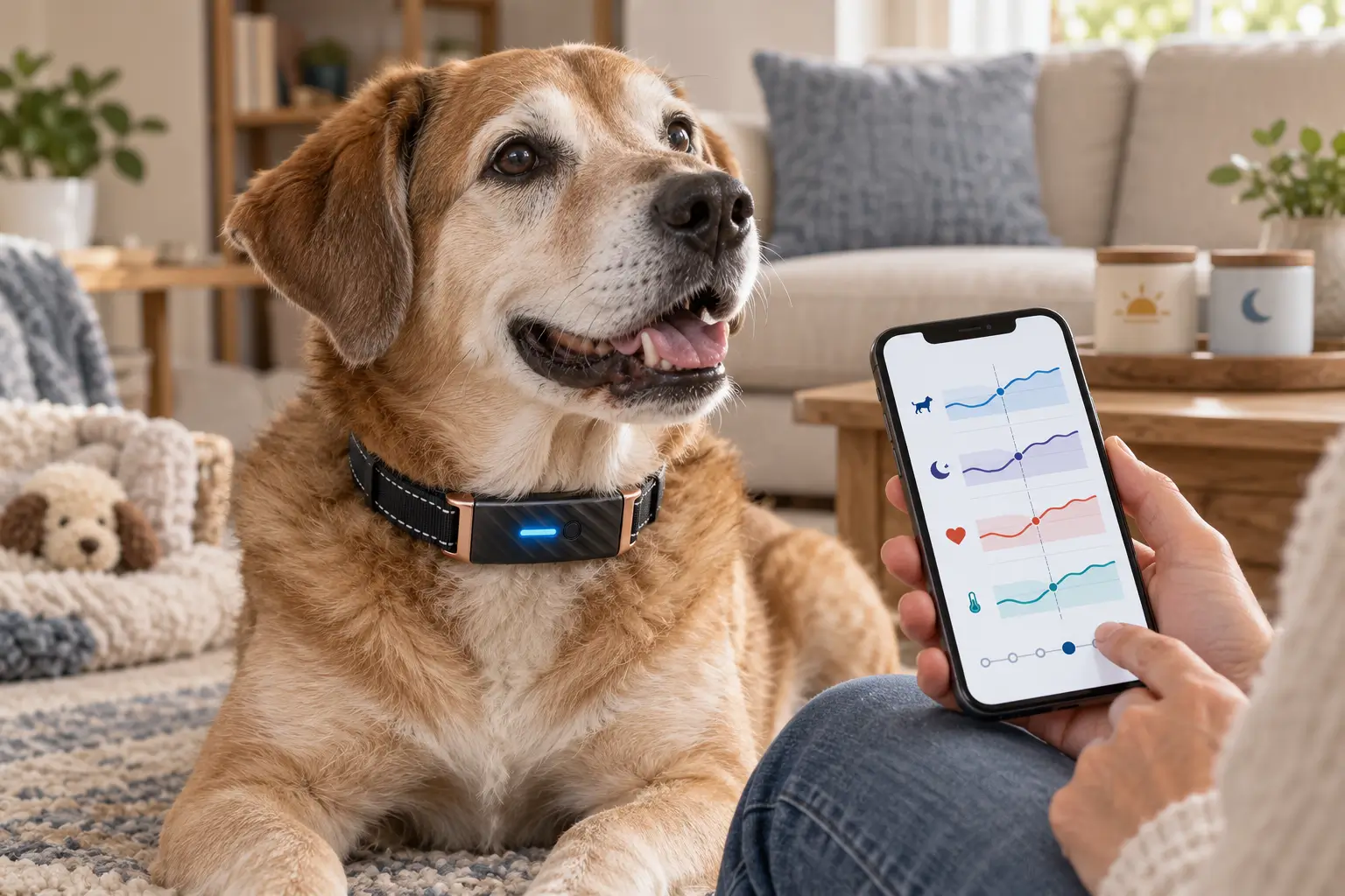 Senior dog wearing a KIYE Smart Health Collar while its owner reviews activity, rest, heart-rate, and surface-temperature trends.