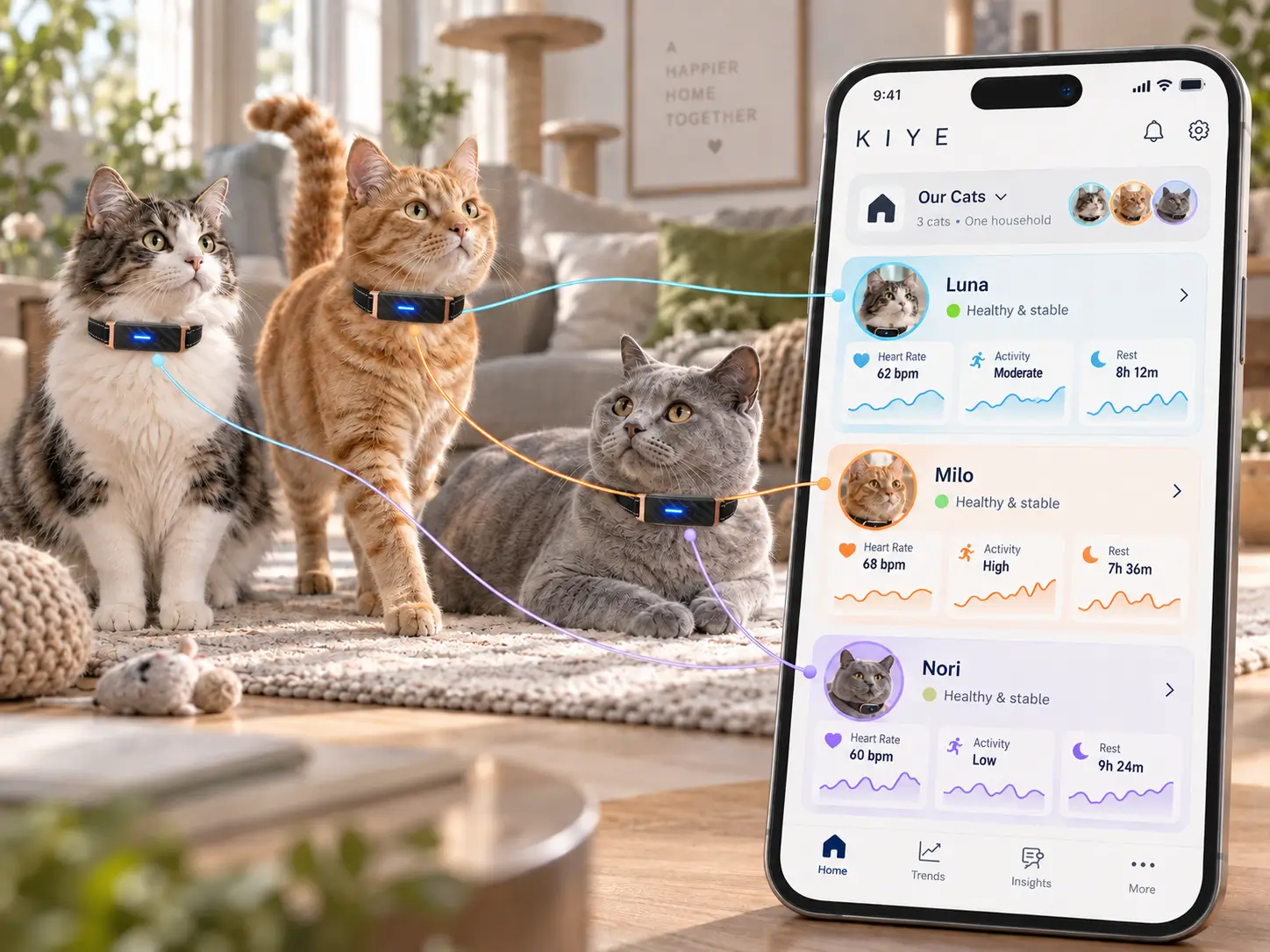 A multi-cat household using the KIYE app with separate health profiles for each cat, showing individual monitoring without data confusion.