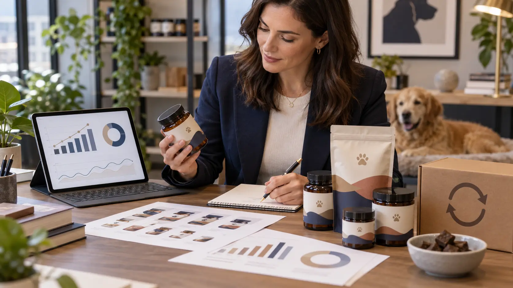 Pet retail buyer reviewing supplement range strategy and recurring revenue data for product selection