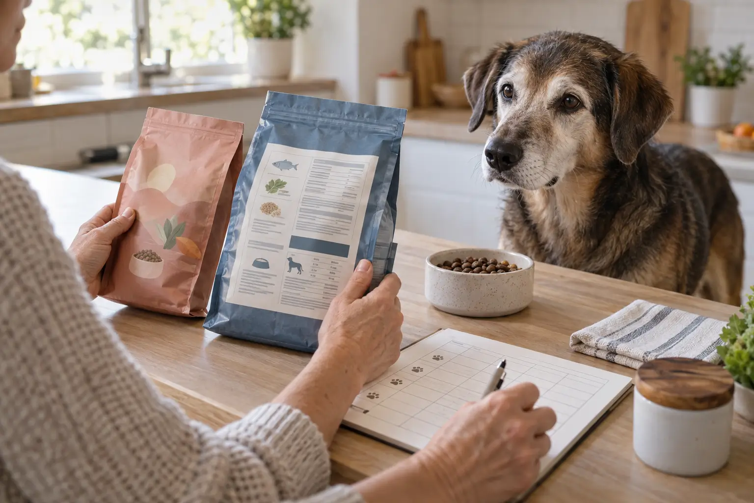 Senior dog watching as its owner compares pet nutrition products and records feeding information.