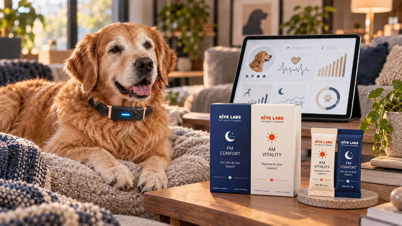 Senior dog wearing smart health collar with AI insights and day and night nutrition support system