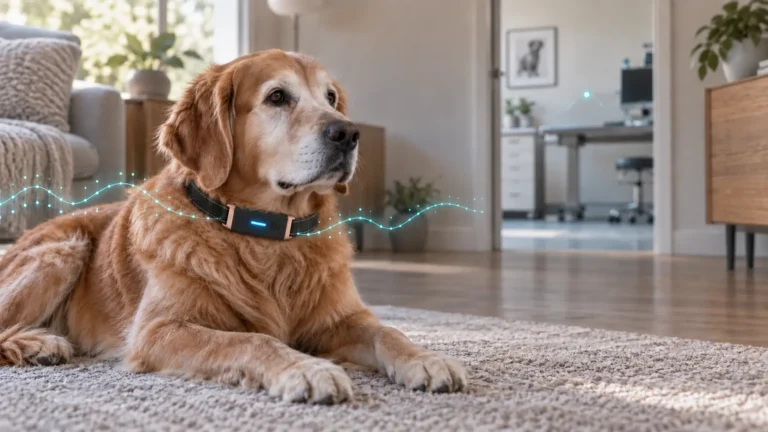 Senior golden retriever wearing a KIYE smart health collar for at-home heart monitoring.