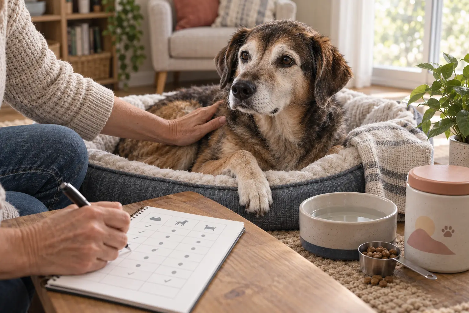 Owner recording a senior dog’s daily appetite, activity, and rest to understand its individual baseline.