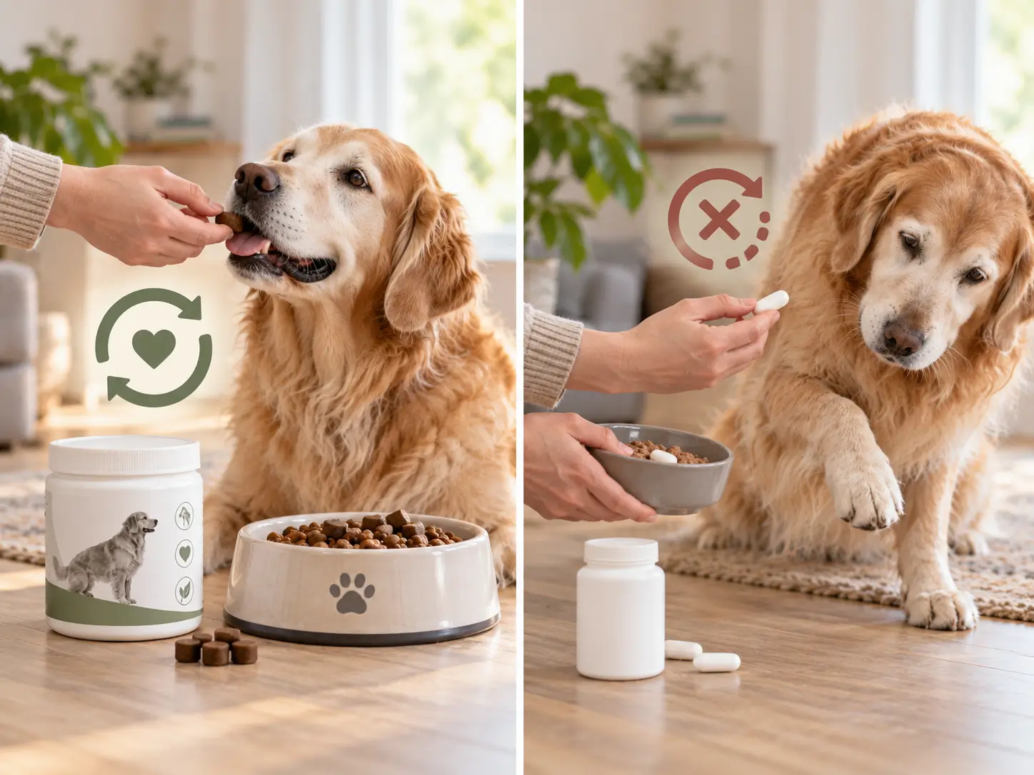 Two paths from one SKU: a soft chew taken as a treat reaches reorder, while a tablet that must be forced gets dropped.