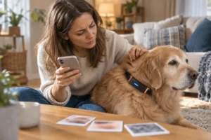 Senior dog wearing a smart health collar while an owner observes changes at home