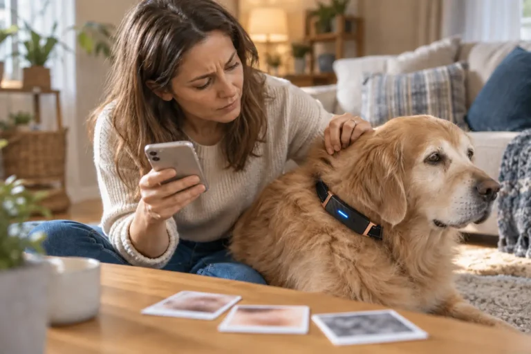 Senior dog wearing a smart health collar while an owner observes changes at home