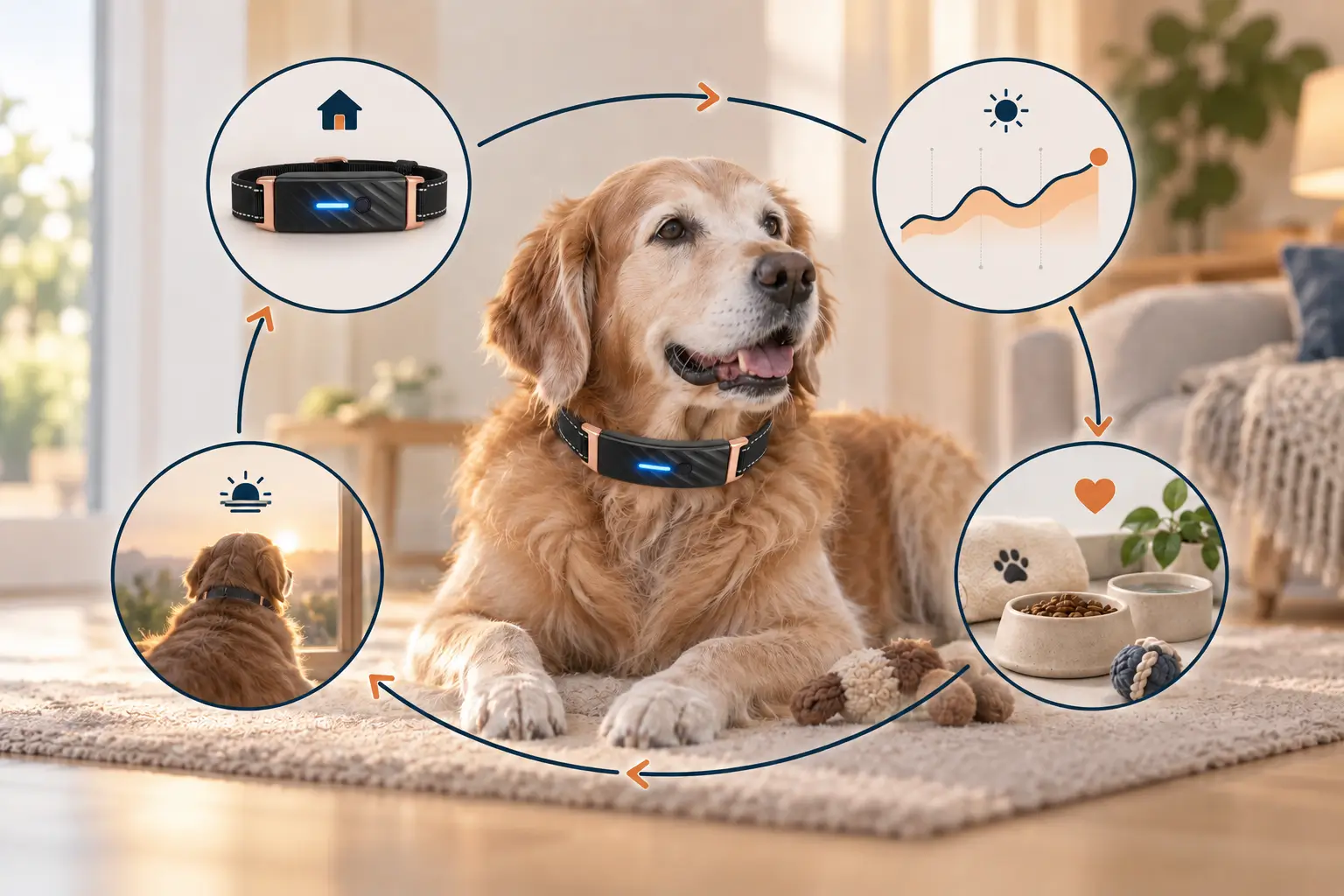 Senior pet care loop connecting at-home monitoring, individual interpretation, daily support, and continued observation