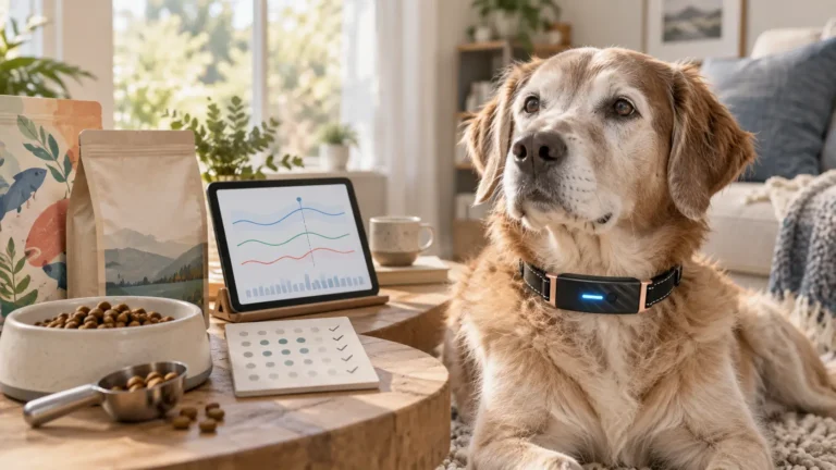Senior dog wearing a KIYE Smart Health Collar beside pet nutrition, feeding records, and long-term health trend data.