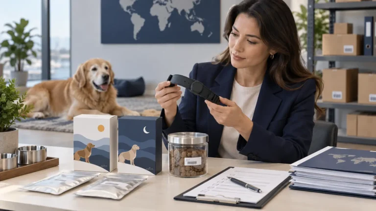 Pet industry buyer reviewing a smart collar and dog supplements before distribution
