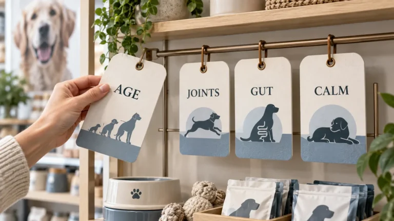 An AGE tag being removed to reveal JOINTS, GUT and CALM tags in a pet retail display